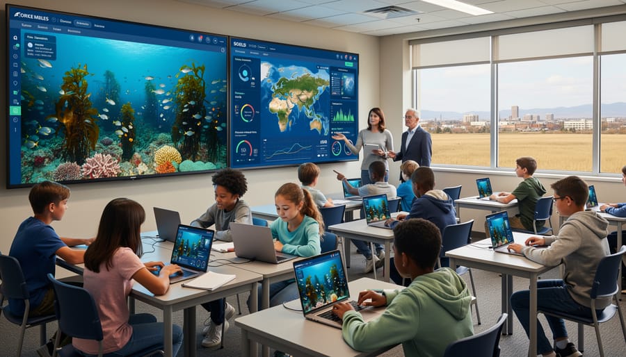 Elementary students gathered around tablet viewing coral reef content in classroom