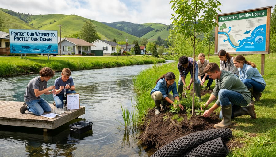 Teen volunteer planting native vegetation along riverbank for watershed conservation