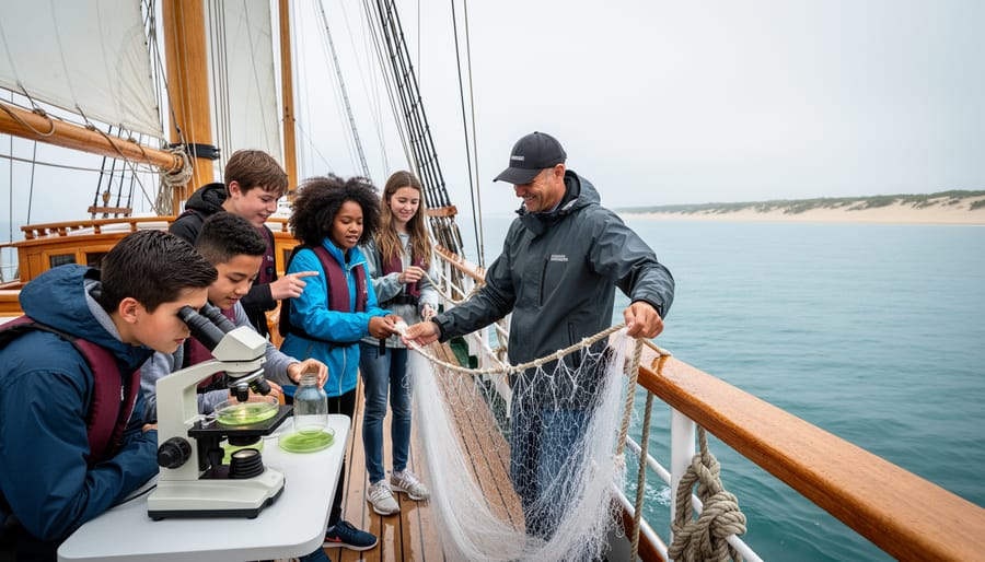 Students and a marine educator on a two-masted schooner collect a plankton tow and inspect a water sample at a microscope on Lake Michigan, with blue water and distant sand dunes in the background.