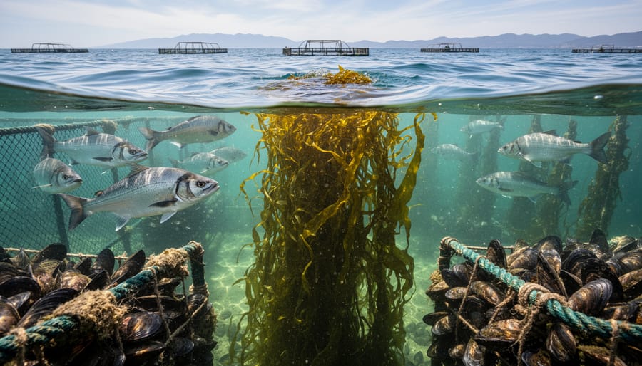 Aerial view of circular integrated aquaculture system with fish tanks and seaweed beds