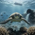 Green sea turtle and small fish moving through hazy chemical plumes and microplastic specks over a damaged coral reef, with a blurred underwater outfall pipe and distant cargo ship near the surface in dappled blue light.