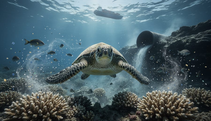 Green sea turtle and small fish moving through hazy chemical plumes and microplastic specks over a damaged coral reef, with a blurred underwater outfall pipe and distant cargo ship near the surface in dappled blue light.