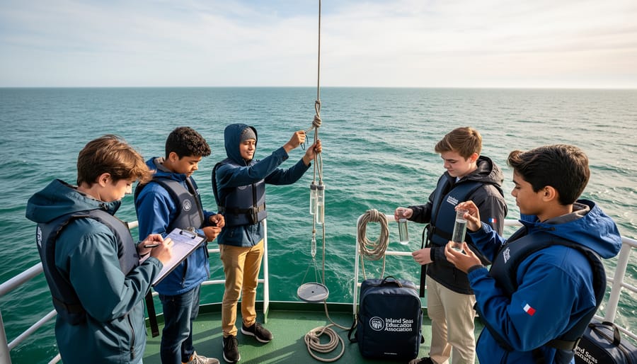 Students conducting water research on traditional tall ship sailing on Great Lakes
