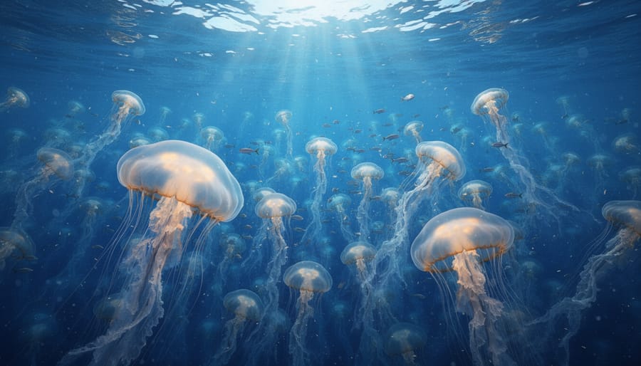 Aerial view of massive jellyfish bloom creating large pink patch on ocean surface