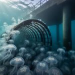 Underwater view of numerous moon jellyfish and comb jellies swarming around metal intake grates at a coastal power plant, with blue-green light rays and softly blurred industrial structures in the background.