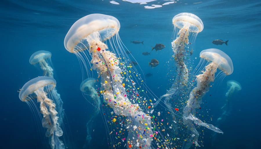 Translucent jellyfish swimming in ocean water showing internal structures