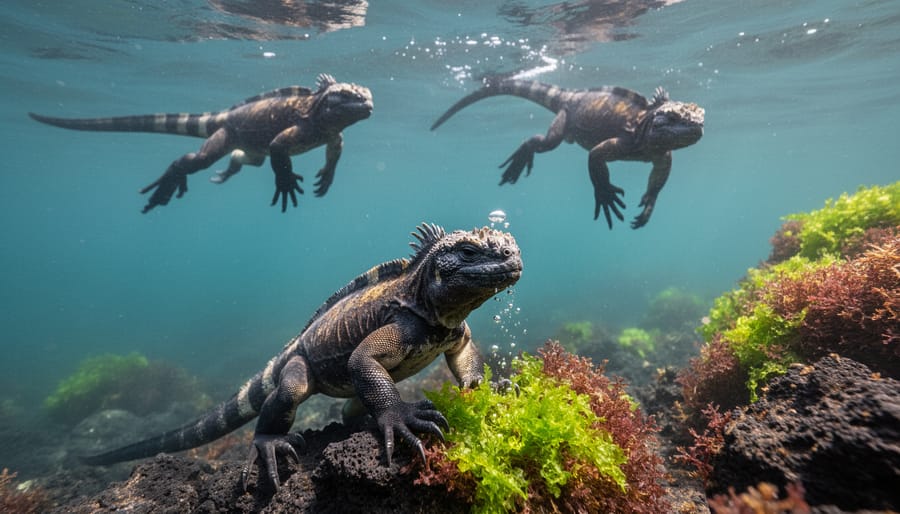 Juvenile marine iguana feeding on algae underwater near volcanic rocks