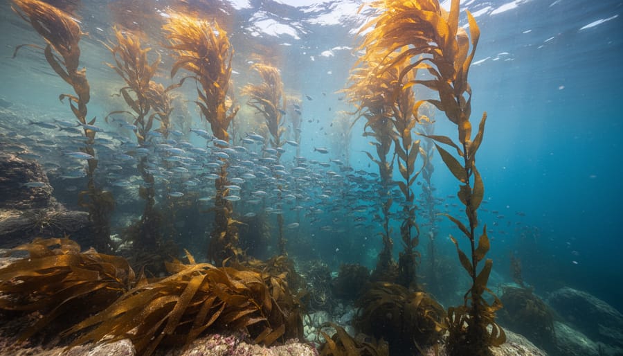 Underwater view of healthy kelp forest with sunlight filtering through water