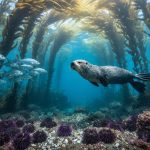 "Eye-level underwater view of a giant kelp forest with sunbeams, a sea otter midwater, a small school of fish, and purple sea urchins on a rocky seafloor, with distant kelp columns and reef fading into blue haze."