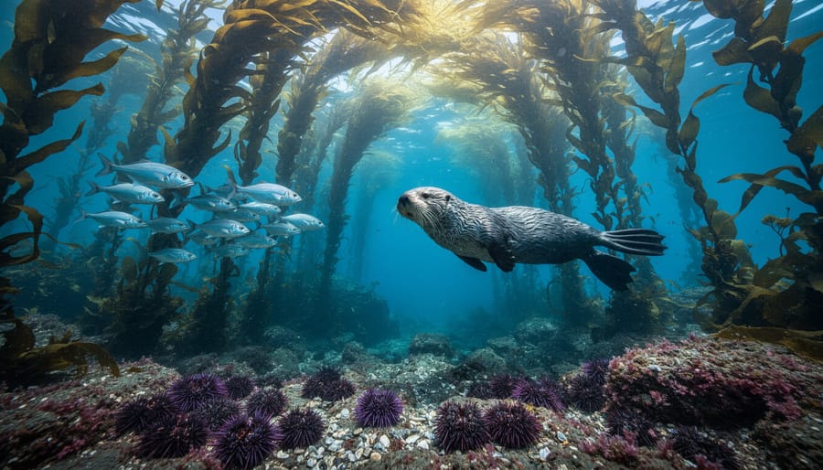 "Eye-level underwater view of a giant kelp forest with sunbeams, a sea otter midwater, a small school of fish, and purple sea urchins on a rocky seafloor, with distant kelp columns and reef fading into blue haze."