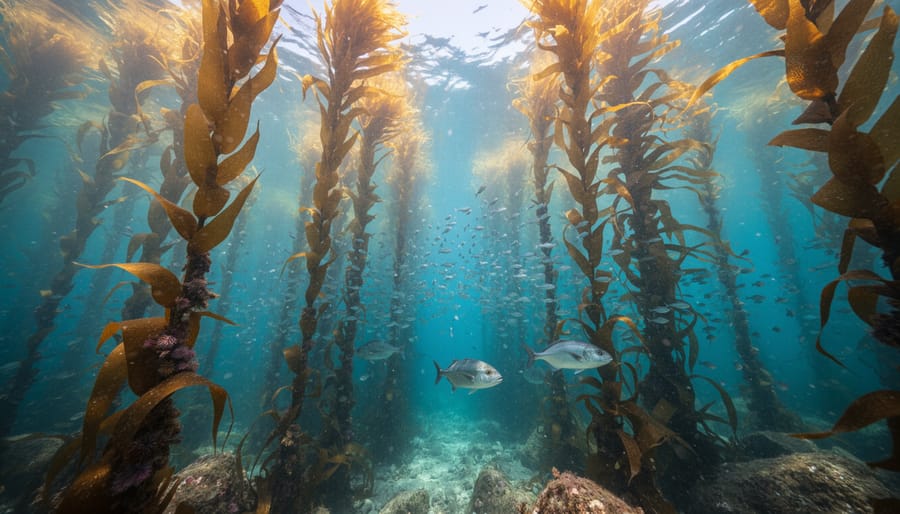 Underwater view of giant kelp forest with sunlight filtering through from surface