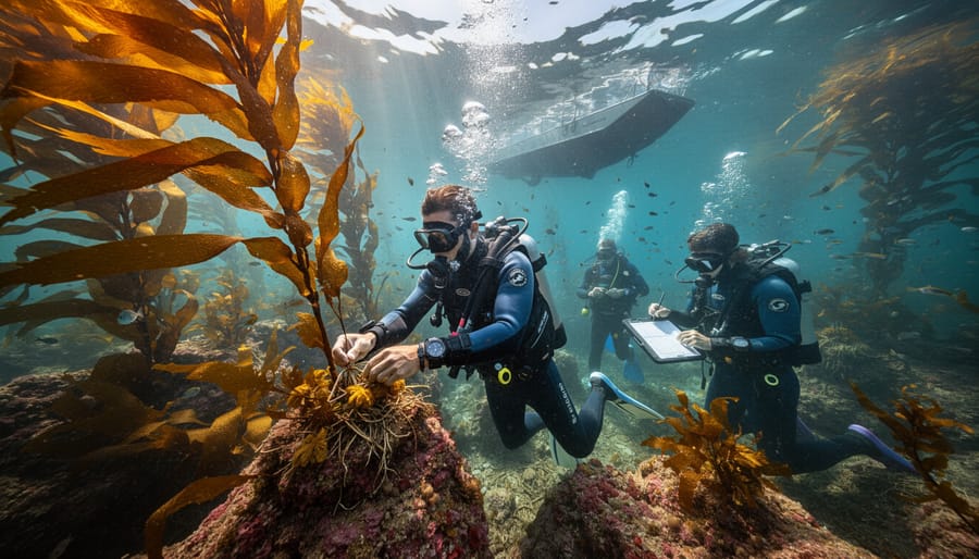 Marine biologist underwater planting kelp as part of restoration efforts