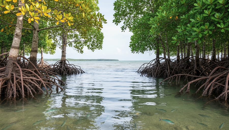 Aerial view of mangrove forest experiencing coastal flooding and saltwater intrusion