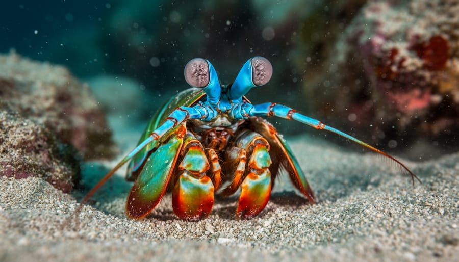 Close-up of colorful mantis shrimp showing its distinctive compound eyes and vibrant body coloration