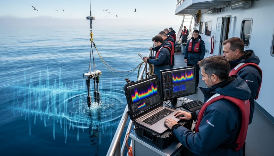 Marine scientist deploying underwater acoustic monitoring equipment from research boat