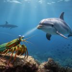 Underwater scene with a vibrant mantis shrimp on coral in the foreground, a bottlenose dolphin midwater, and a distant shark silhouette under sunlit blue water above a reef