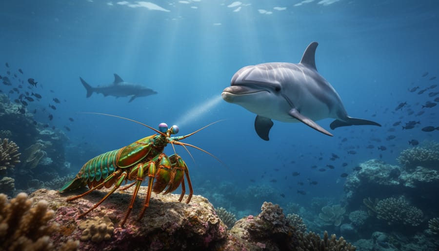 Underwater scene with a vibrant mantis shrimp on coral in the foreground, a bottlenose dolphin midwater, and a distant shark silhouette under sunlit blue water above a reef