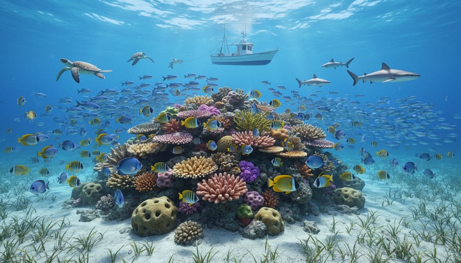 Diverse fish species swimming around healthy coral reef ecosystem