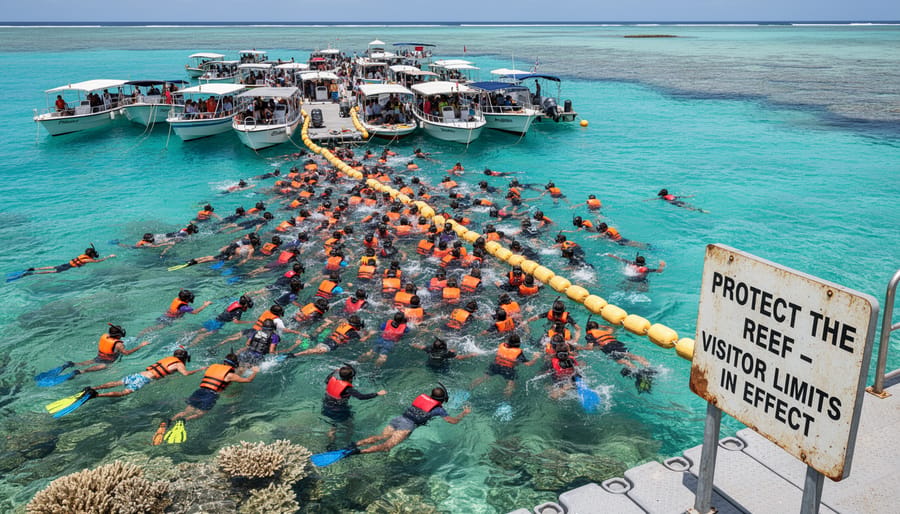 Aerial view of multiple tourist boats crowded in a small bay showing environmental stress
