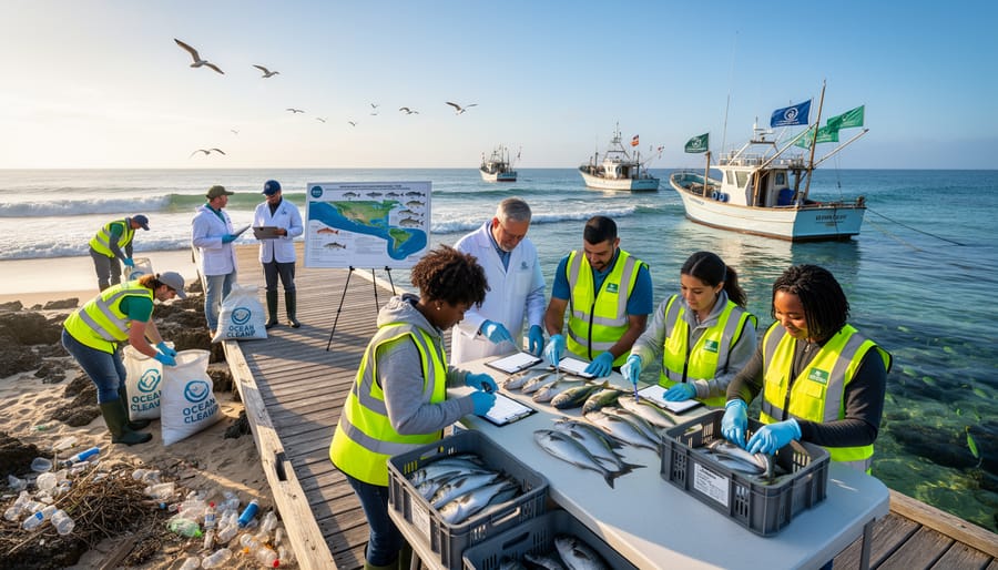 Marine conservation volunteers working together on research boat examining fishing equipment