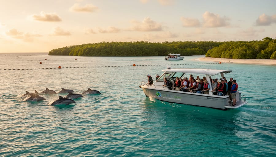 Small electric tour boat with a few passengers quietly watching dolphins near a coral cay at golden hour, with buoy markers indicating a protected zone, turquoise water, mangrove shoreline, and a distant boat maintaining distance.