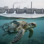 Over-under view at the ocean surface showing a green sea turtle and small fish underwater amid suspended particles, while above the surface an industrial shoreline with outfall pipes and smokestacks recedes into the distance.
