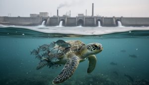 Over-under view at the ocean surface showing a green sea turtle and small fish underwater amid suspended particles, while above the surface an industrial shoreline with outfall pipes and smokestacks recedes into the distance.