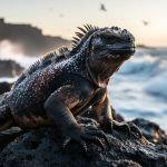 Marine iguana with salt crystals on its scales perched on black lava rocks as waves crash on the Galápagos shoreline at golden hour.