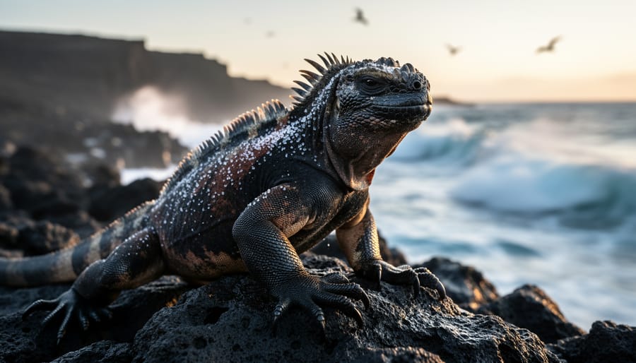 Marine iguana with salt crystals on its scales perched on black lava rocks as waves crash on the Galápagos shoreline at golden hour.