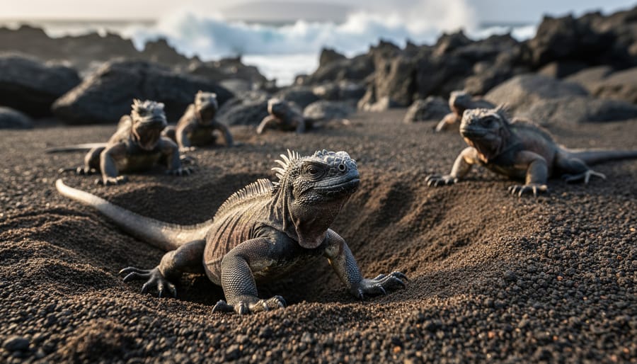 Newly hatched marine iguana emerging from egg in volcanic sand nest