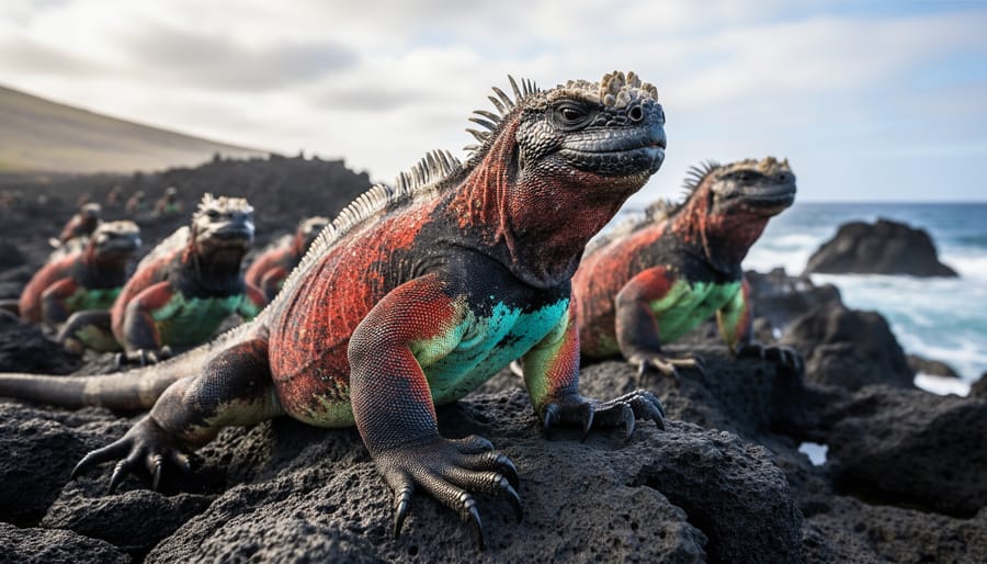 Male marine iguana displaying breeding colors on volcanic rock during mating season