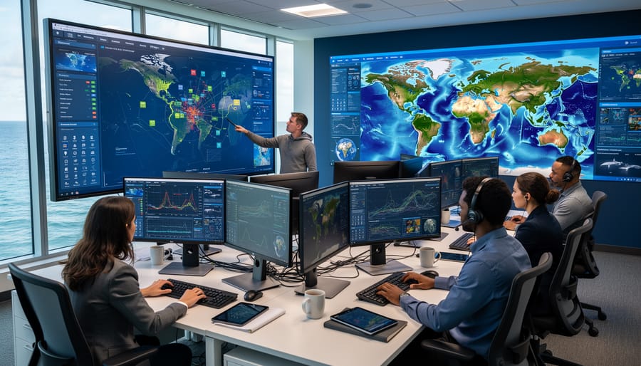 Marine scientist analyzing oceanographic data on computer at coastal research station with ocean view