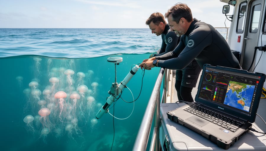 Marine biologist with camera equipment studying jellyfish underwater during research expedition
