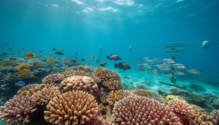 Healthy coral reef ecosystem in a protected marine sanctuary zone with abundant fish