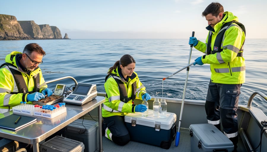 Marine scientist holding water sample vial with ocean in background