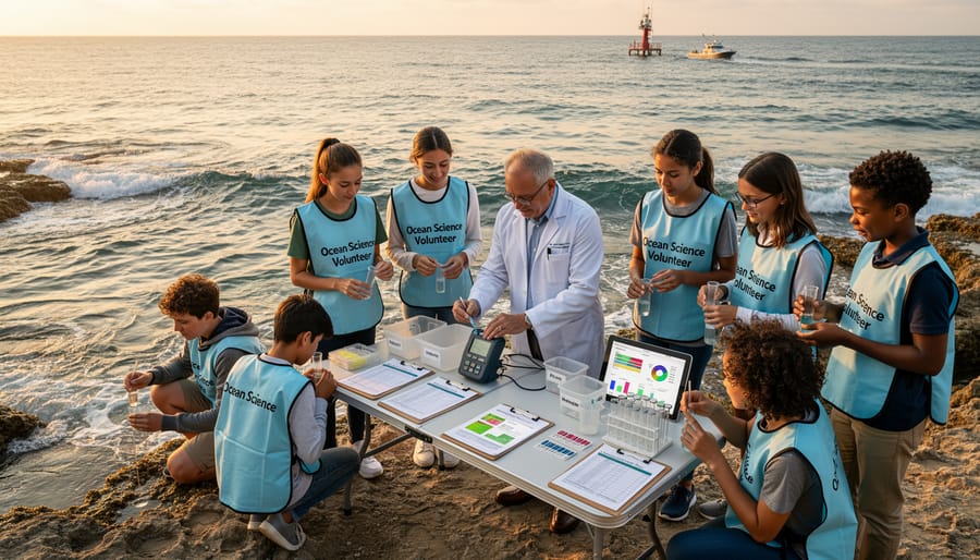 Students and instructor conducting water quality testing during marine pollution education program