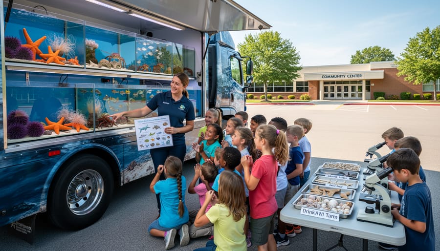 Marine educator showing live sea creatures to children during mobile lab visit to inland school