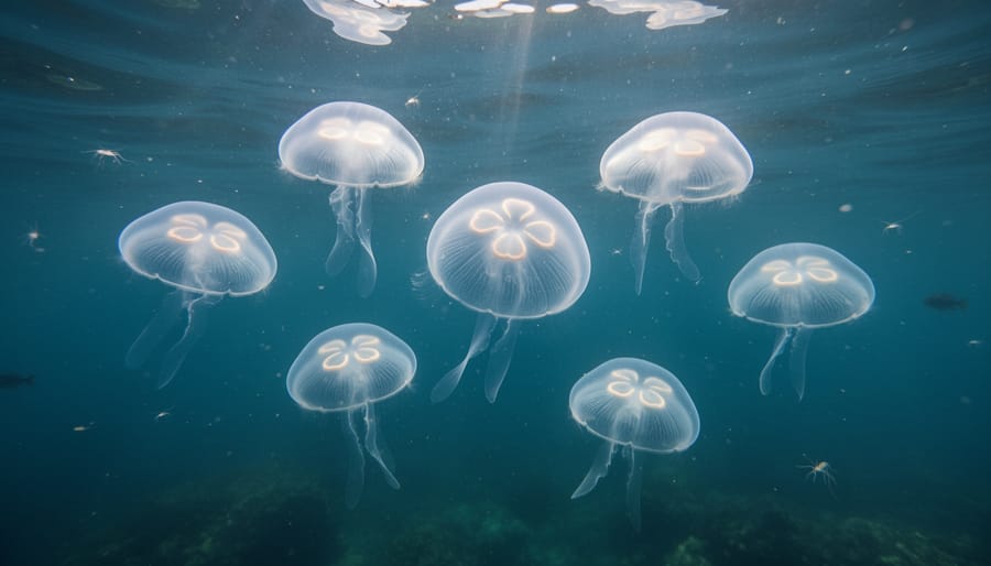 Translucent moon jellyfish with trailing tentacles floating in blue ocean water