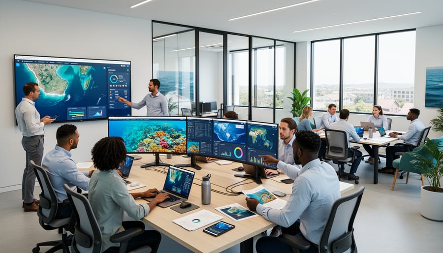 Conservation professionals collaborating around laptop in modern office workspace