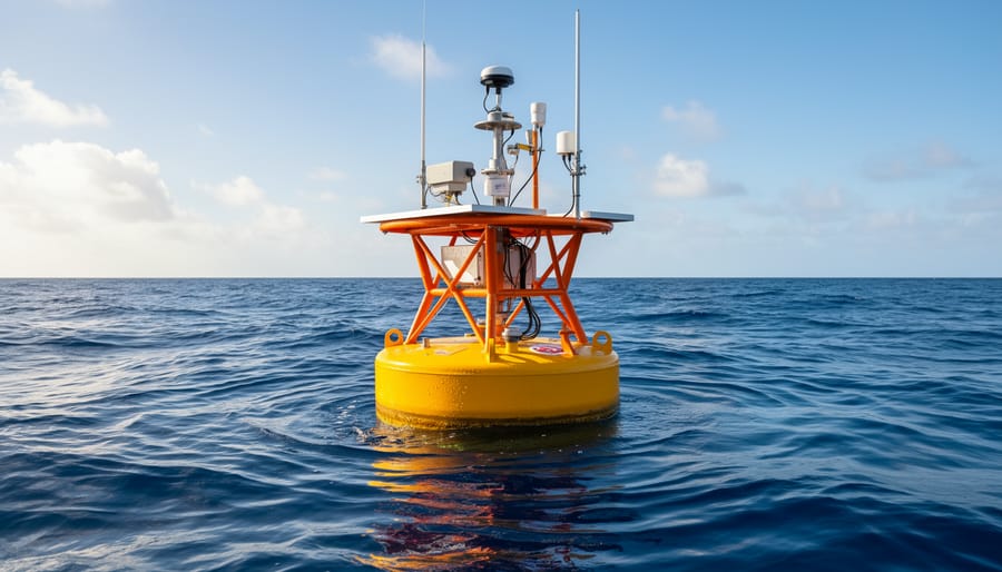 Oceanographic sensor buoy floating in blue ocean water with solar panels and monitoring equipment