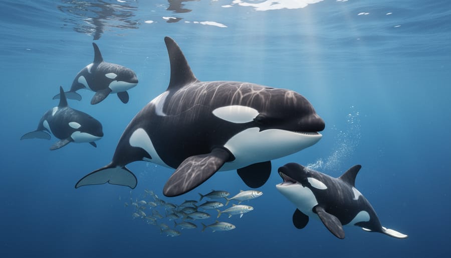 Orca whale mother and calf swimming together in clear blue ocean water