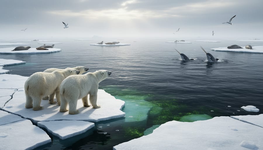 Polar bear standing on fragmented Arctic sea ice with open water between floes