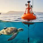Over-under ocean view of an orange sensor buoy and submerged hydrophone line with a tagged sea turtle swimming below, a research vessel and faint coastline in the softly blurred background at golden hour.