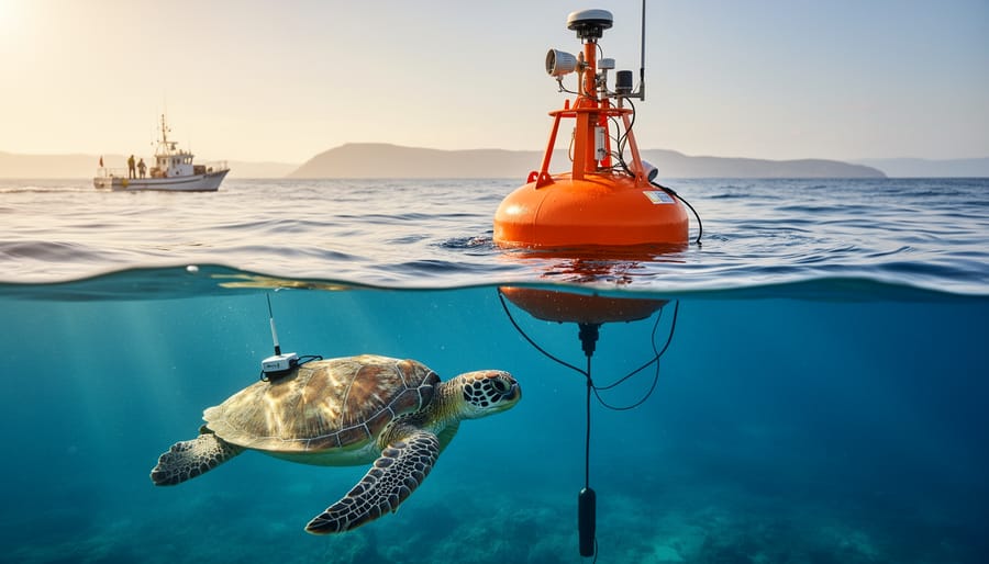 Over-under ocean view of an orange sensor buoy and submerged hydrophone line with a tagged sea turtle swimming below, a research vessel and faint coastline in the softly blurred background at golden hour.