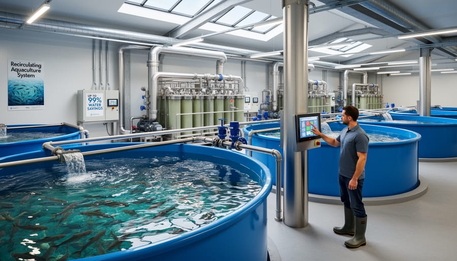 Marine biologist holding beaker of clean recycled water from fish farming system