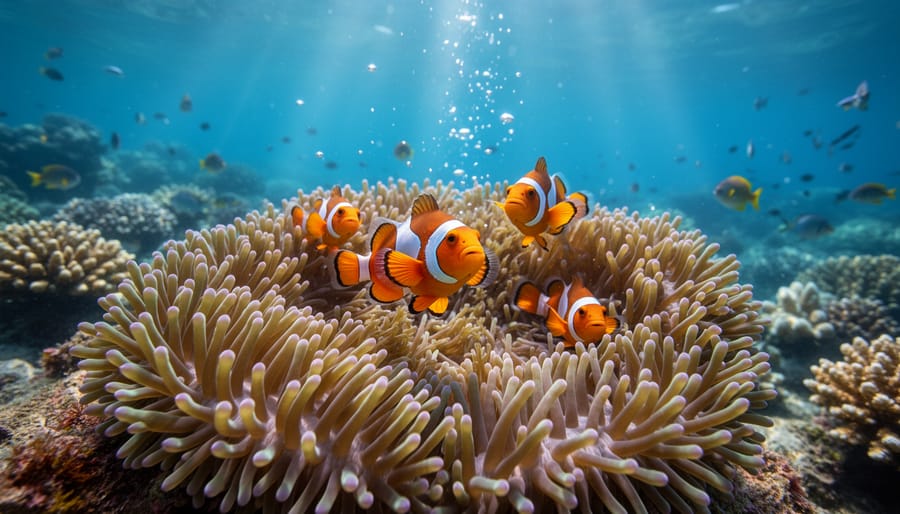 Clownfish living among sea anemone tentacles showing symbiotic relationship on coral reef