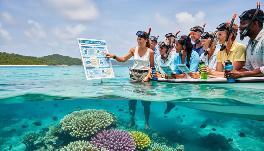 Tour guide briefing group of ecotourists on responsible marine wildlife interaction practices