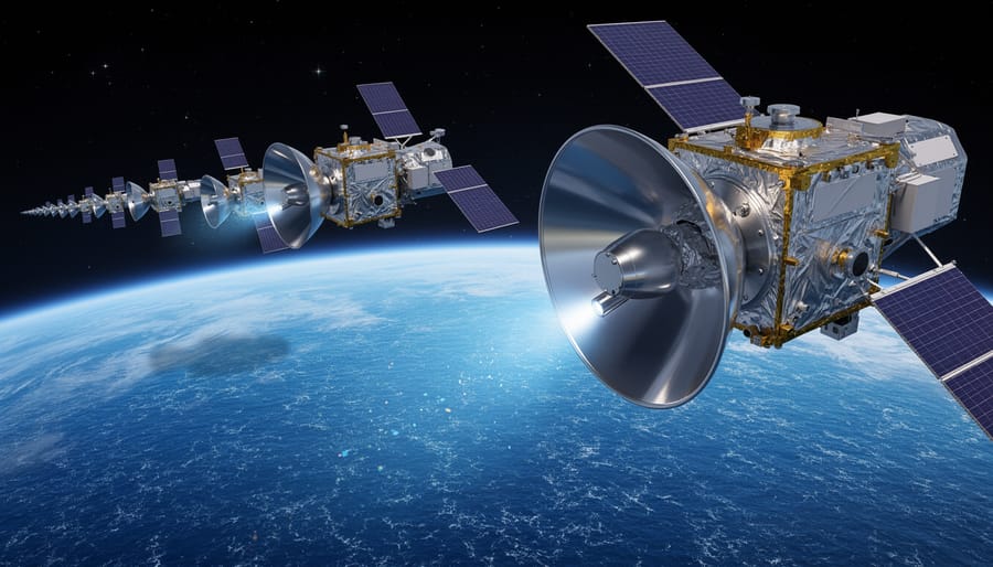 Satellite altimetry equipment in orbit above Earth's blue oceans