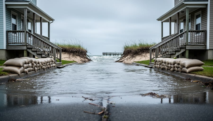 Low-angle view of a flooded coastal street with seawater over the curb, sandbags at doorways, and modest seaside homes under an overcast sky, with dunes and marsh grasses in the softly blurred background.