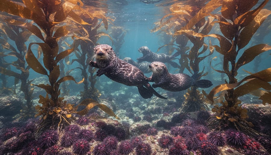 Sea otter floating in kelp forest eating a sea urchin